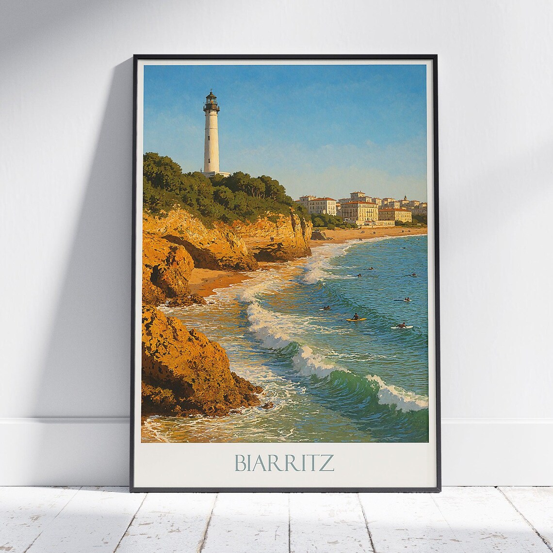 Biarritz Lighthouse Surfing Beach Golden Cliffs Vintage Travel Poster