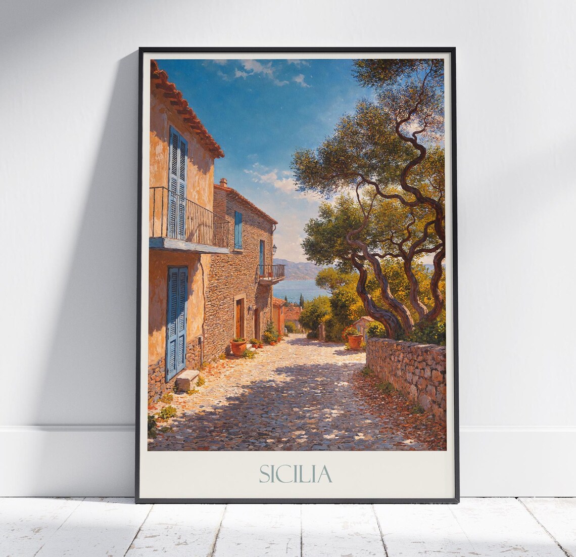 Sicilia Italy Sunlit Village Lane Sea View Olive Trees Painted Poster