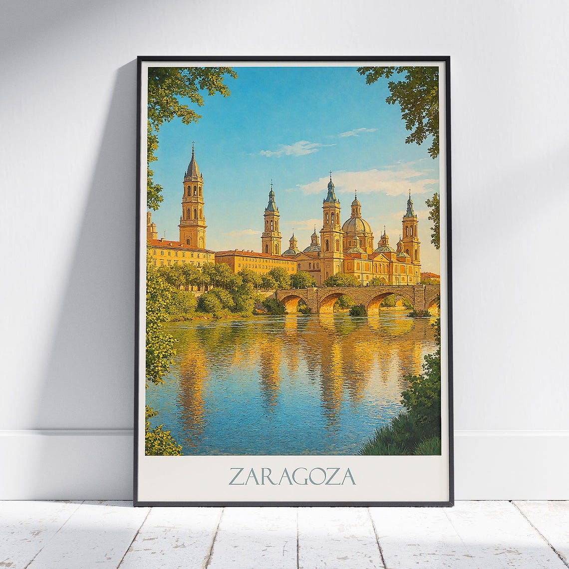Zaragoza Spain Basilica Del Pilar Sunset River Travel Poster