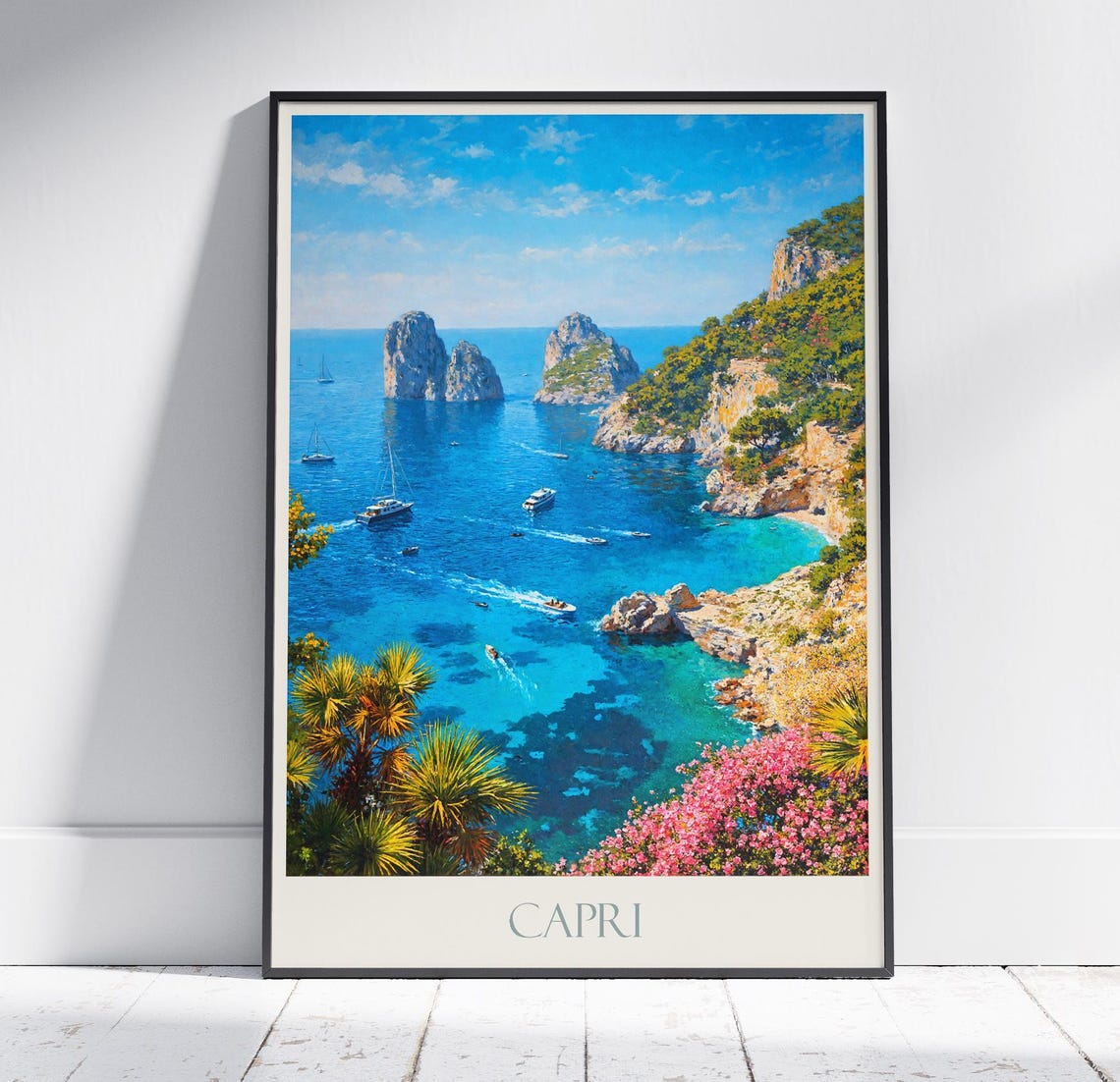 Capri Faraglioni Rocks Boats Bougainvillea Italy Travel Poster