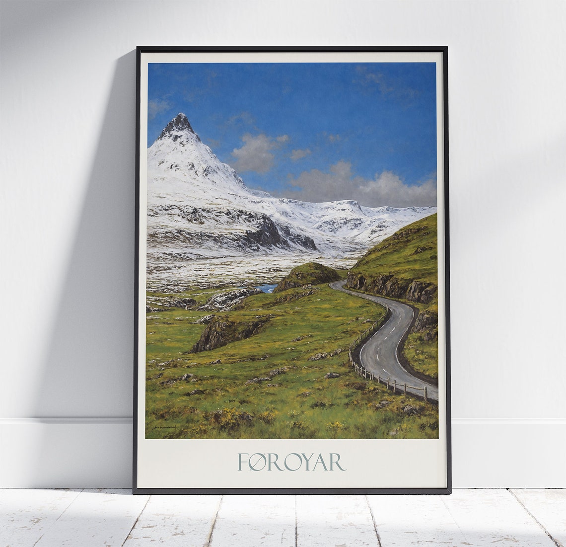 Faroe Islands Winding Road Painted Snowy Mountain Foroyar Poster