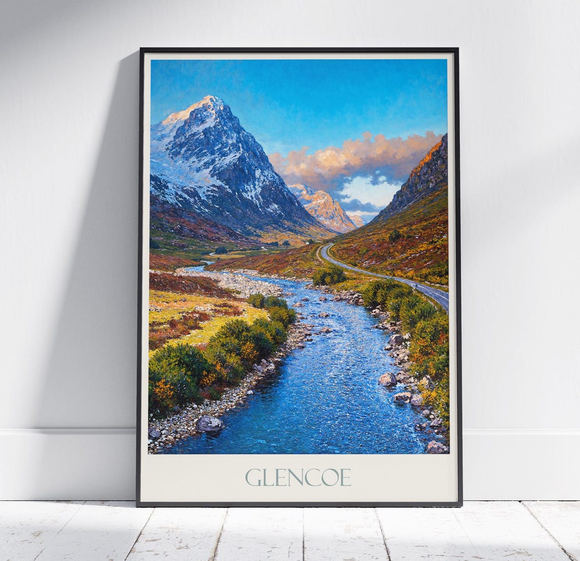 Glencoe Scotland Snow Peaks River Valley Painted Travel Poster