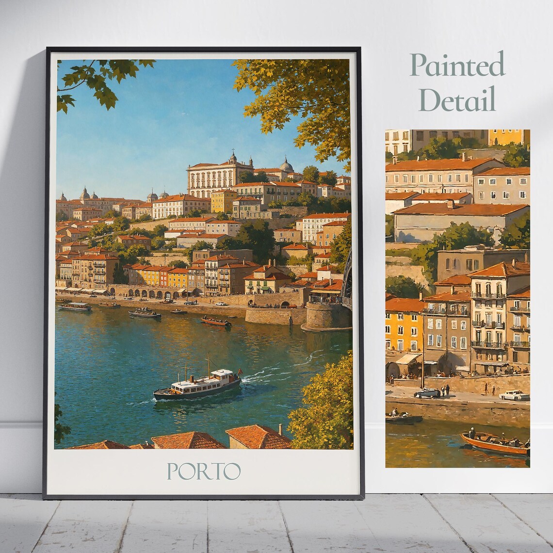 Porto Douro River Boats Terracotta Rooftops Painted Travel Poster