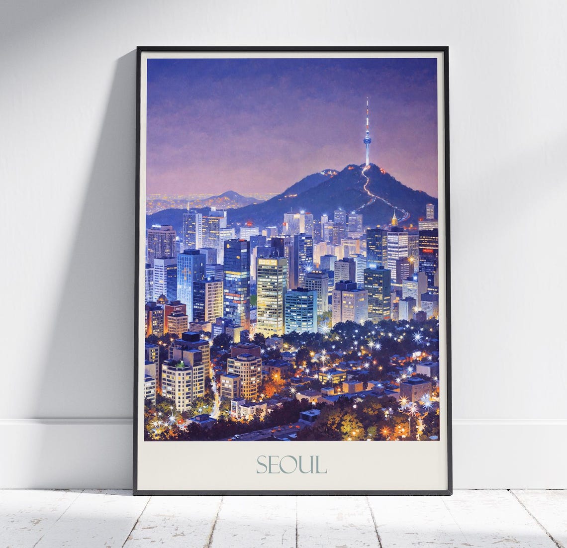 Seoul South Korea Night City Skyline N Seoul Tower Painted Poster