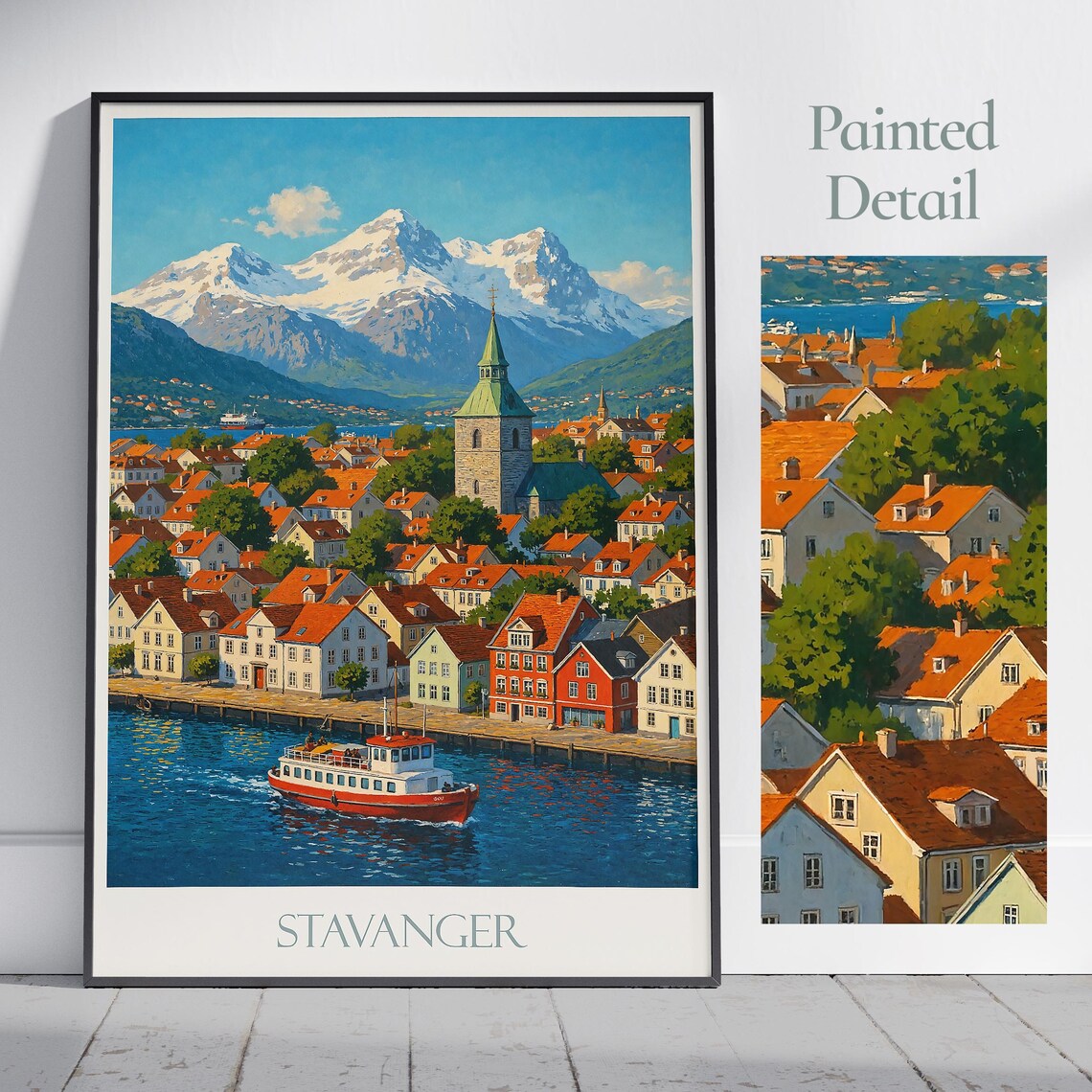 Stavanger Norway Snowy Mountain Fjord Harbor View Travel Poster