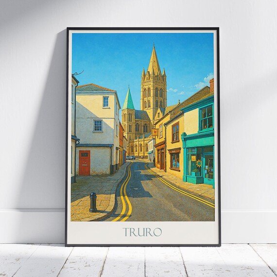 Truro Cornwall Street Scene With Cathedral Vintage Travel Poster