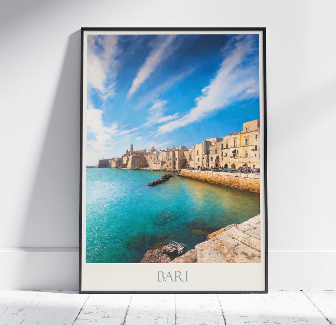 Bari Italy Old Town Turquoise Coastline Painted Travel Poster