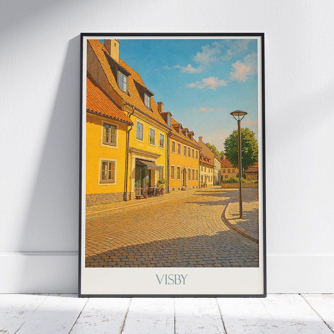 Visby Gotland Sweden Yellow House Cobblestone Lane Travel Poster