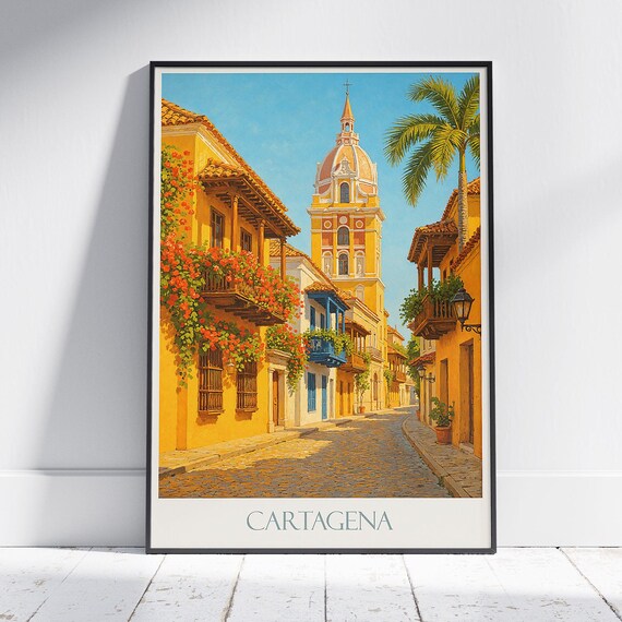 Cartagena Old Town Street Palm Church Tower Vibrant Colombia Travel Poster