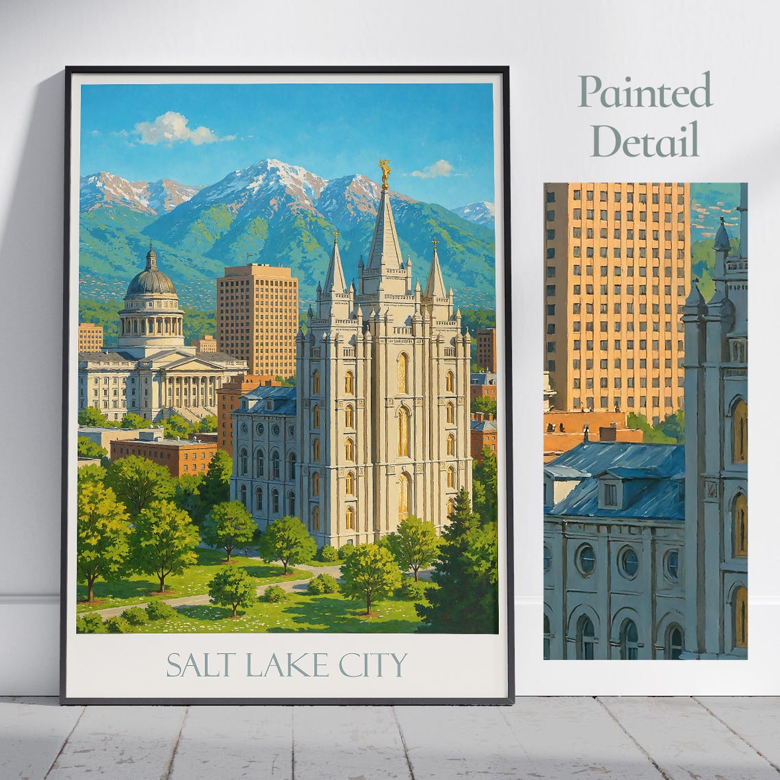 Salt Lake City Temple and Capitol Mountain Painted Travel Poster
