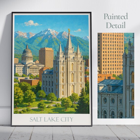 Salt Lake City Temple and Capitol Mountain Painted Travel Poster