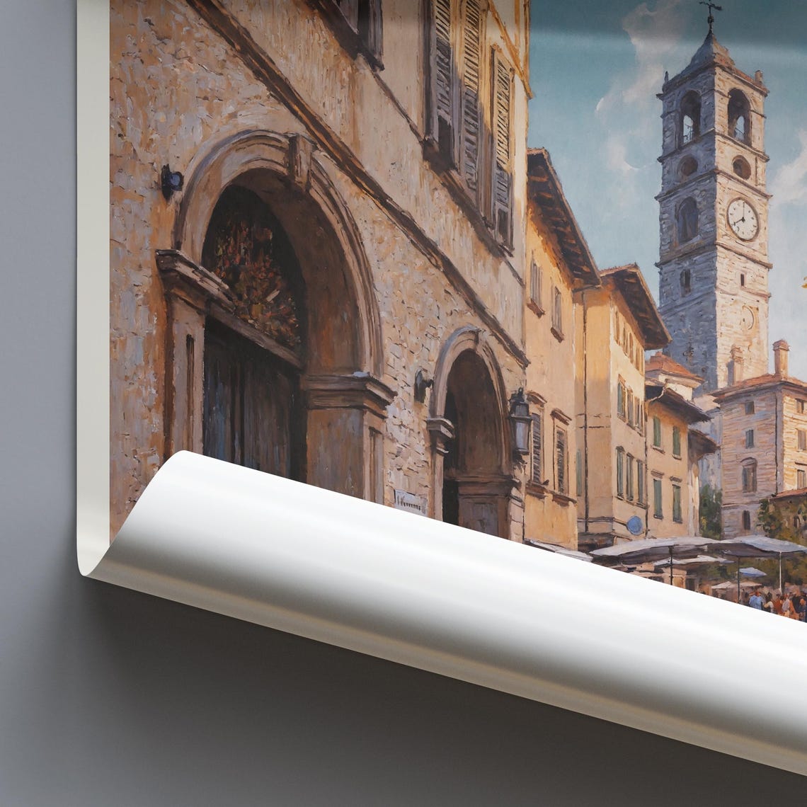 Bergamo Italy Old Town Street Stone Arches Clock Tower Travel Poster