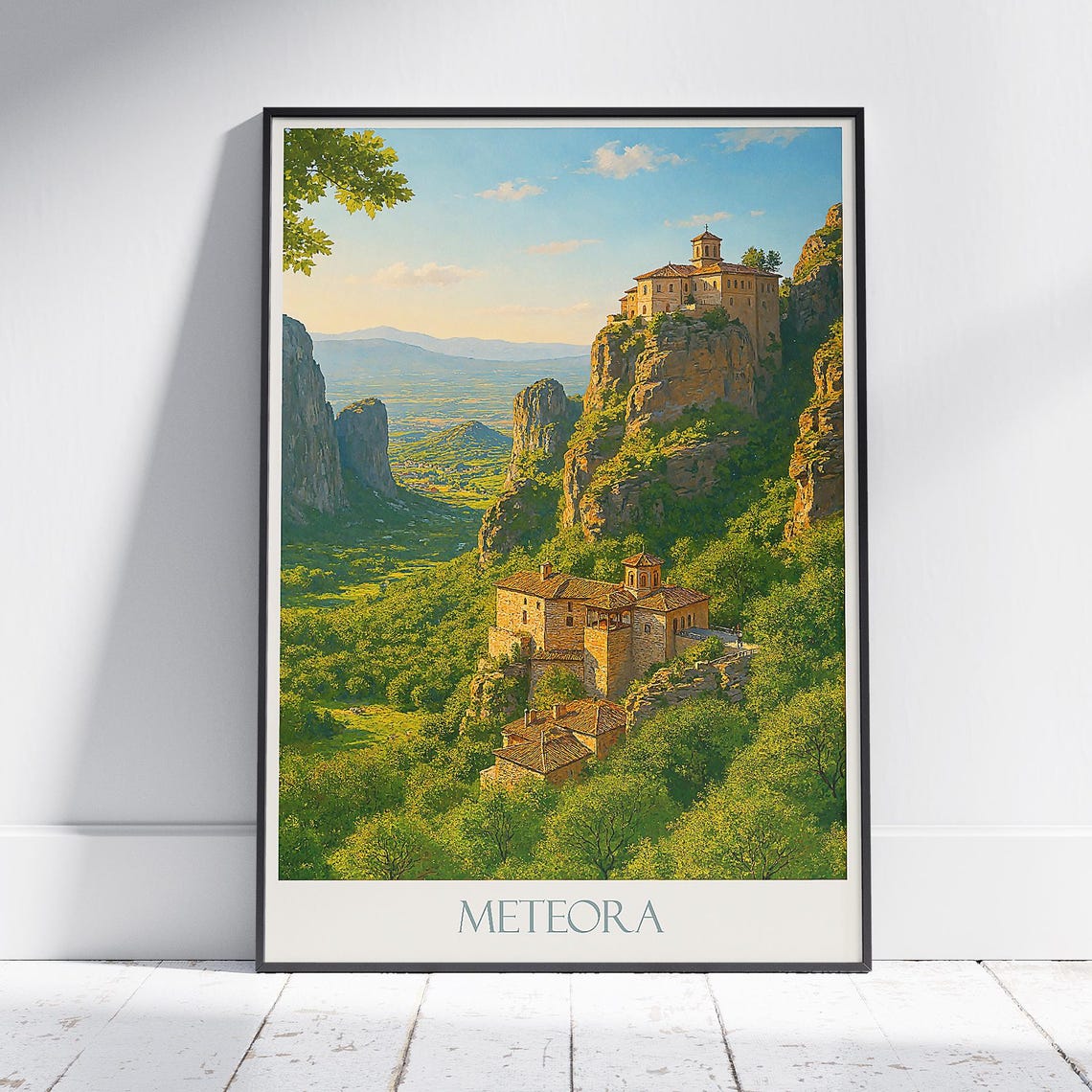 Meteora Greece Painted Monastery Cliffs Travel Poster Landmark View