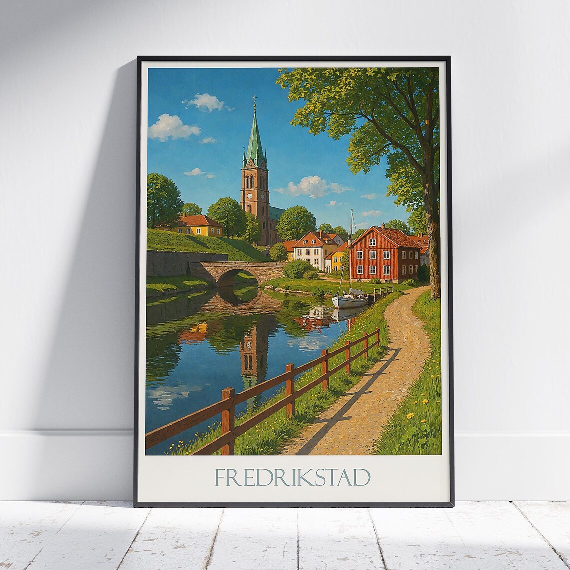 Fredrikstad Norway Riverside Cathedral Old Town Painted Travel Poster
