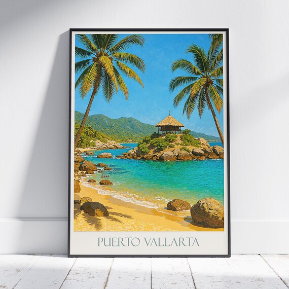 Puerto Vallarta Travel Poster Mexico Tropical Beach Art Coastal Shrine Island View Vintage Style Wall Decor