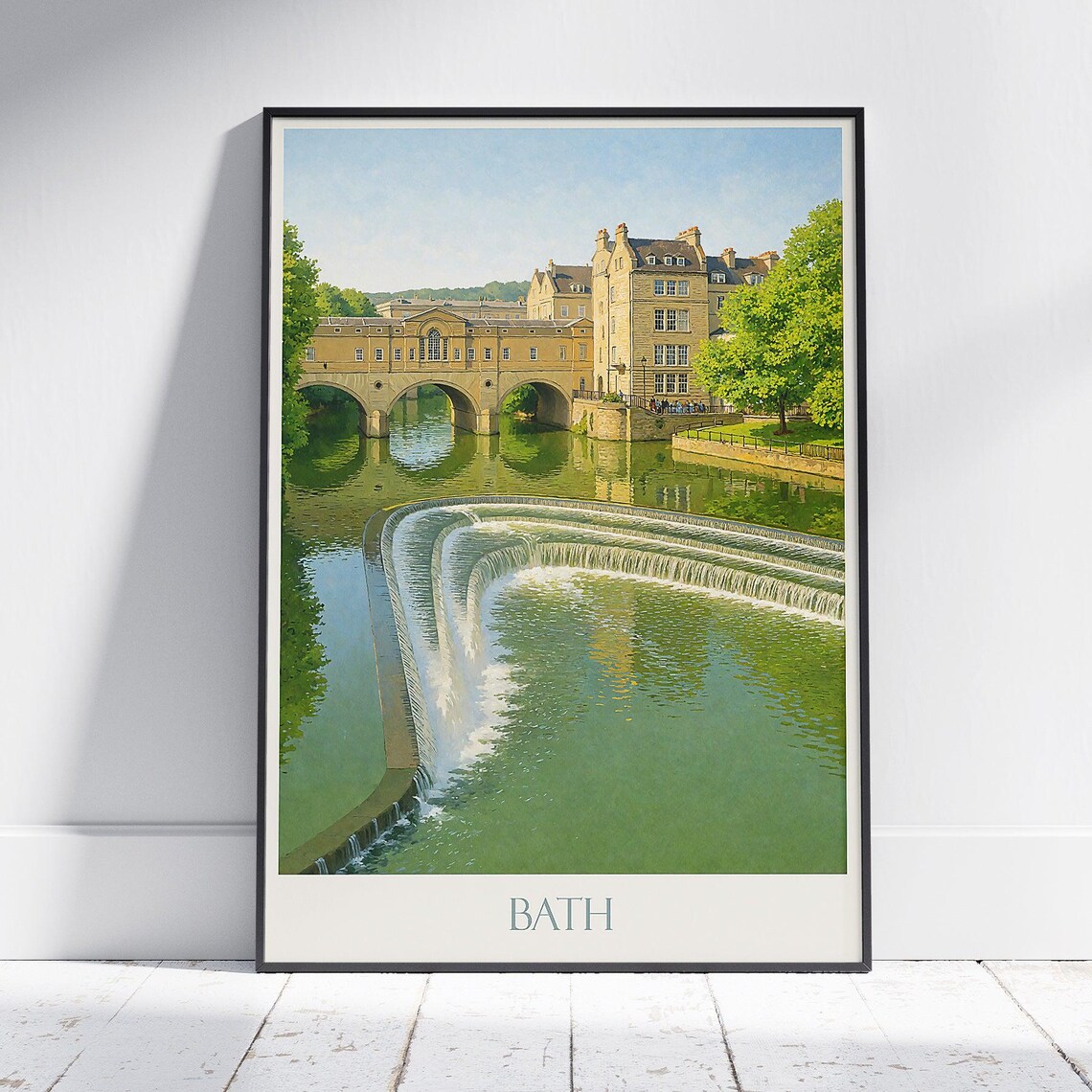 Bath England Pulteney Bridge Weir Travel Poster Landmark Art