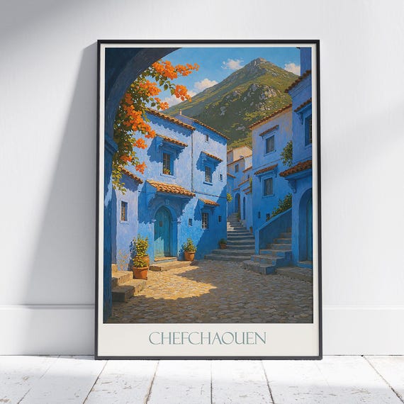 Chefchaouen Travel Poster Blue City Morocco Wall Art Print Vibrant Home Decor North Africa Gift