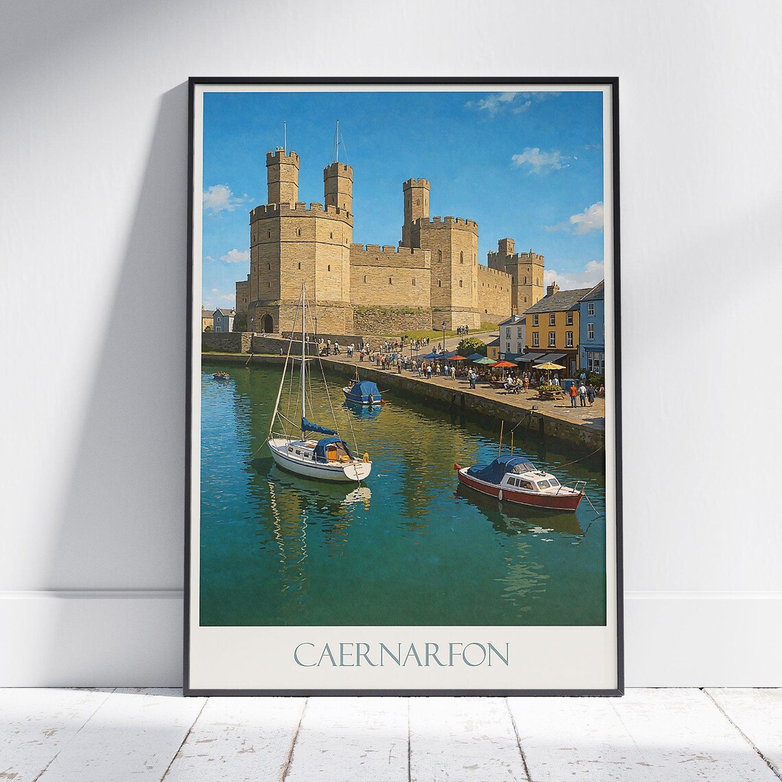 Caernarfon Castle and Harbor Boats Medieval Wales Travel Poster