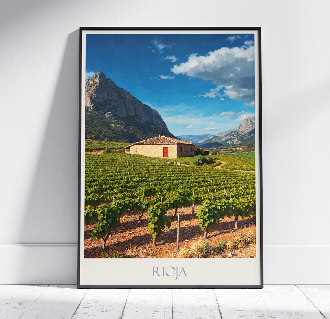 Rioja Spain Rustic Stone Hut Vineyard Mountain View Travel Poster