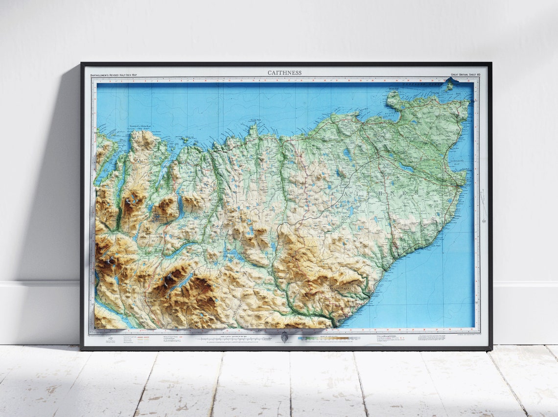 Caithness Scotland Vintage Atlas Style Shaded Relief Map Poster