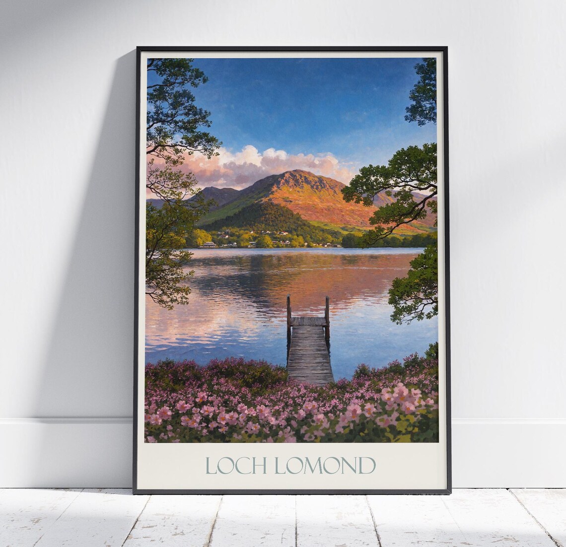 Loch Lomond Jetty Wildflowers Sunset Scotland Vintage Travel Poster