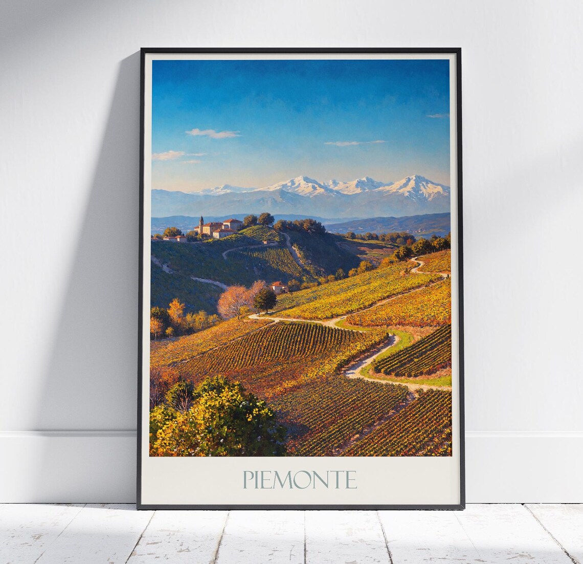 Piedmont Vineyards Autumn Hills Alps Backdrop Italy Travel Poster