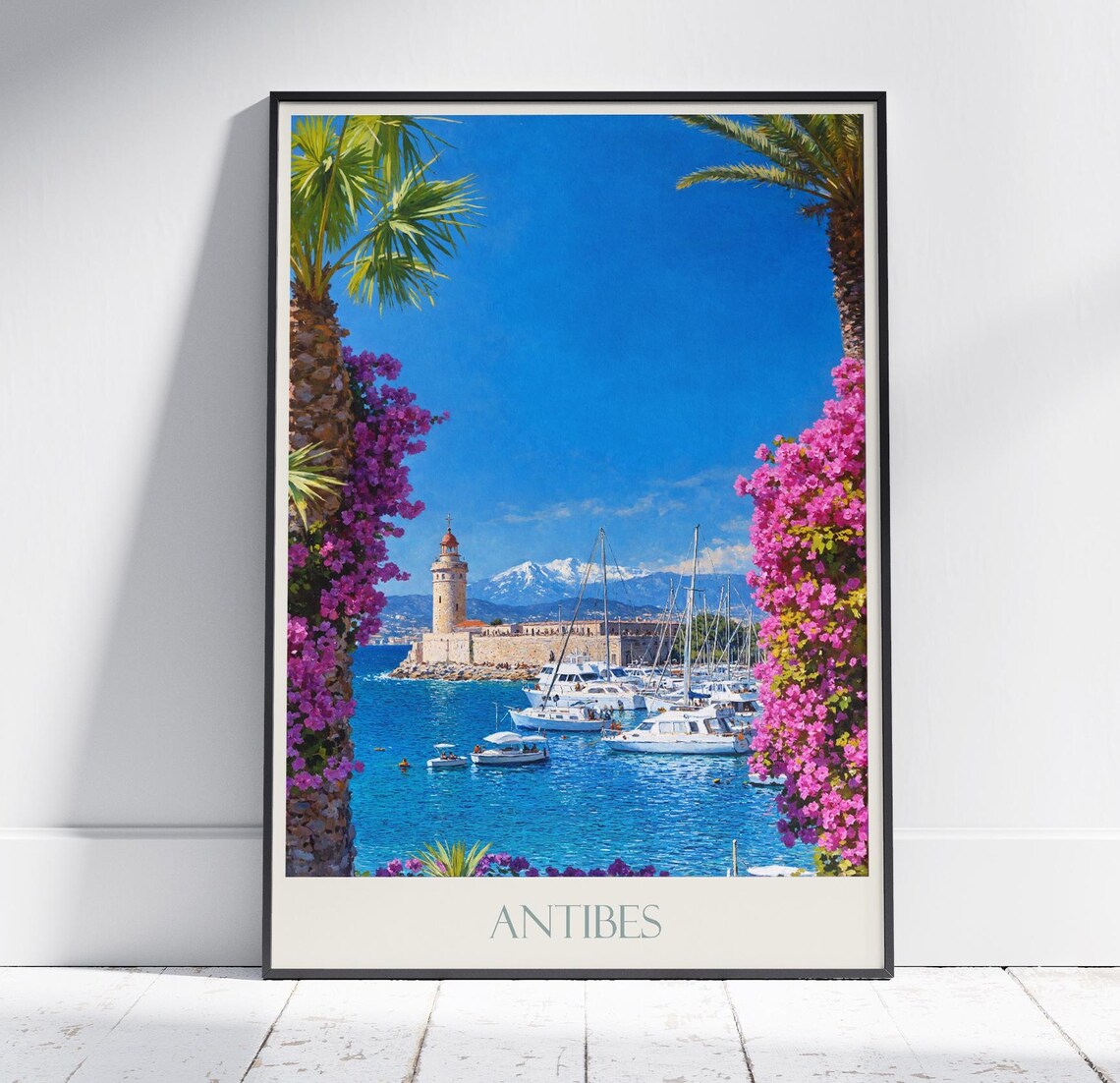 Antibes France Harbor Lighthouse Vintage Travel Poster Bougainvillea