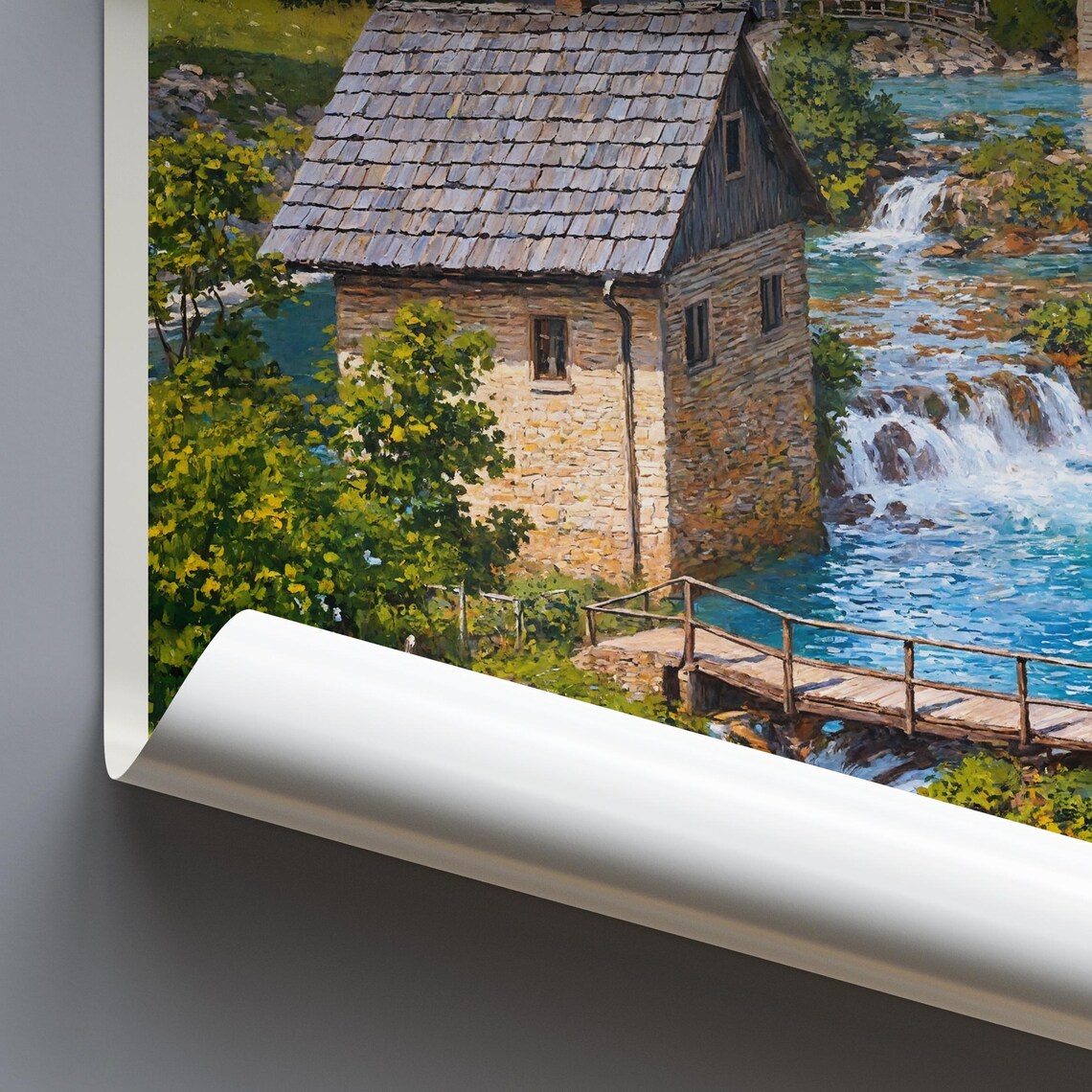 Rastoke Croatia Stone Mill Waterfalls Bridge Painted Travel Poster