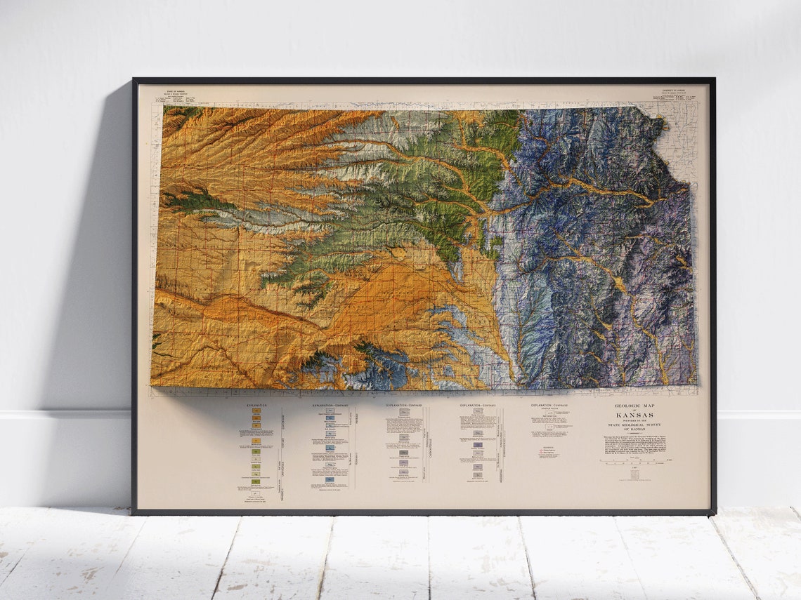 Kansas Geologic 3D Shaded Relief Map Vintage Survey Style Poster