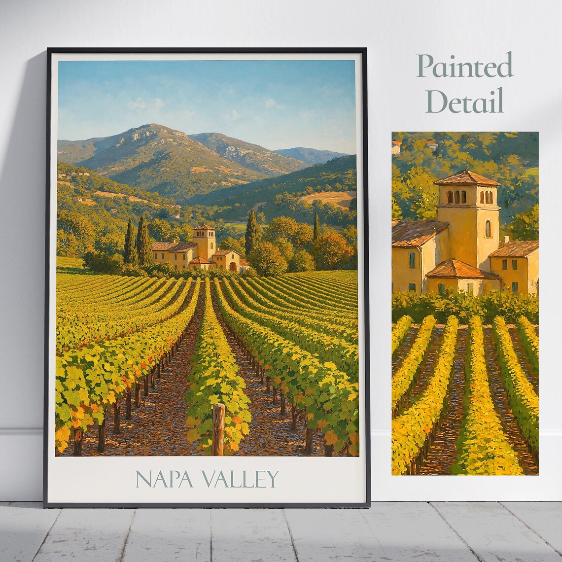 Napa Valley Vineyard Rows Mountain Backdrop Golden Harvest Travel Poster