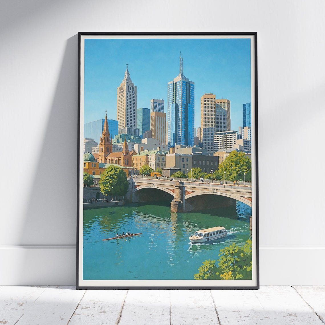 Melbourne Australia Cityscape River Bridge Vintage Travel Poster