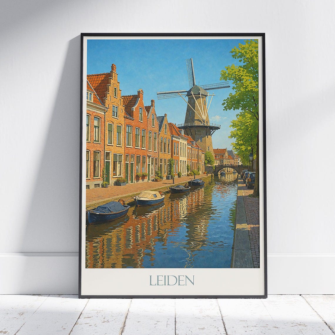 Leiden Netherlands Canal Windmill Travel Poster Dutch Cityscape Art