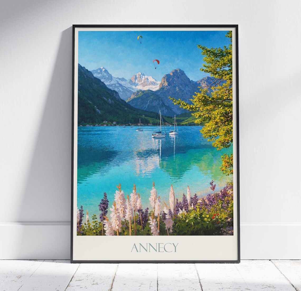 Annecy France Alpine Lake Sailboats Paragliders Painted Poster