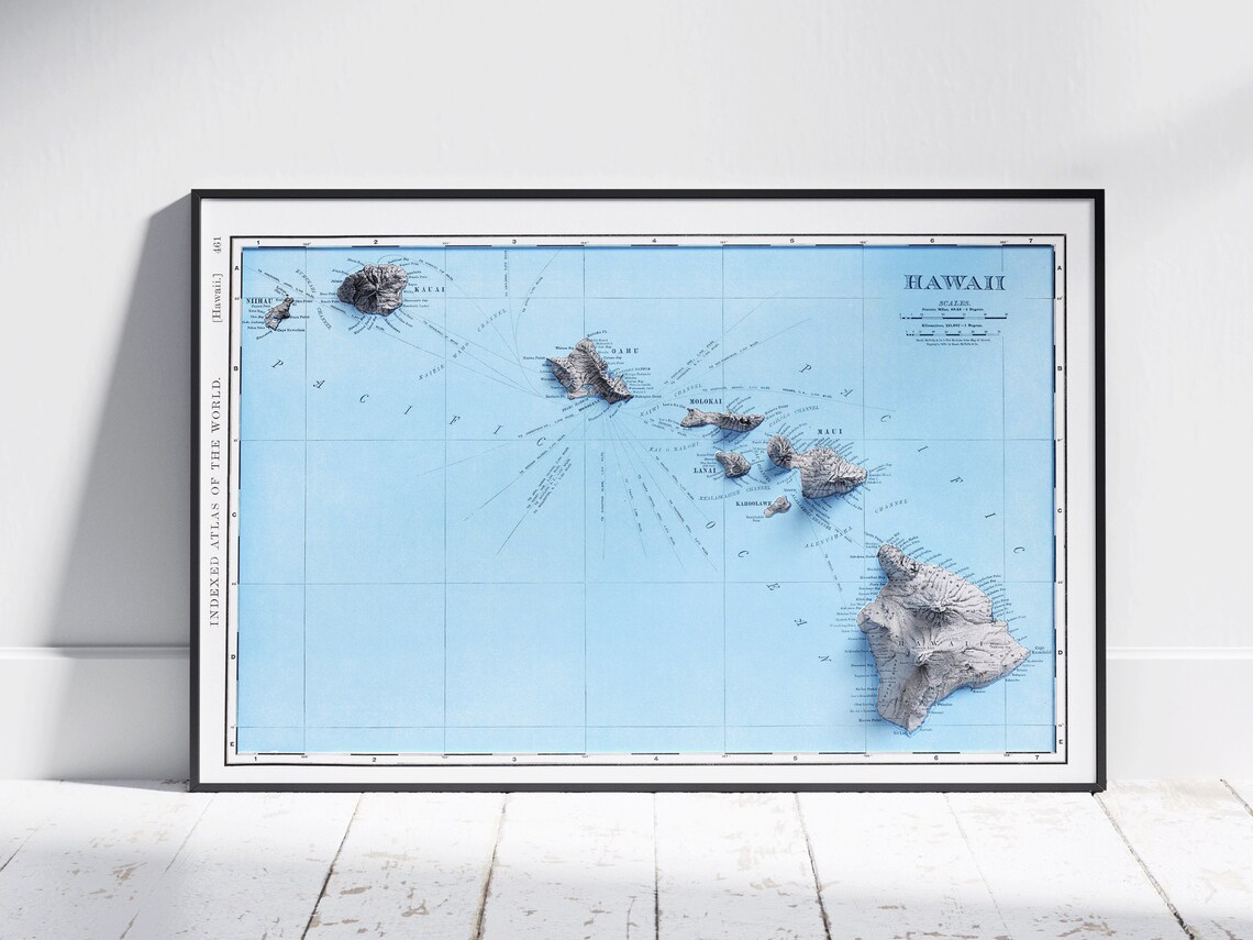 Hawaii Map Vintage Flat 2d Relief Print Us State Fine Art Topographic Poster Wall Decor