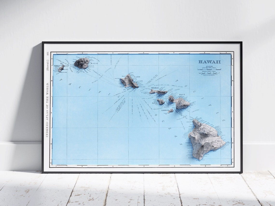 Hawaii Vintage Atlas Islands Sculpted 3D Shaded Relief Map Poster