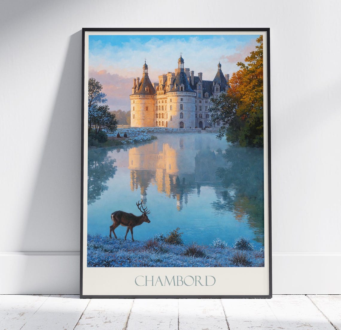 Chambord Chateau Reflection Deer Morning Loire Valley Poster