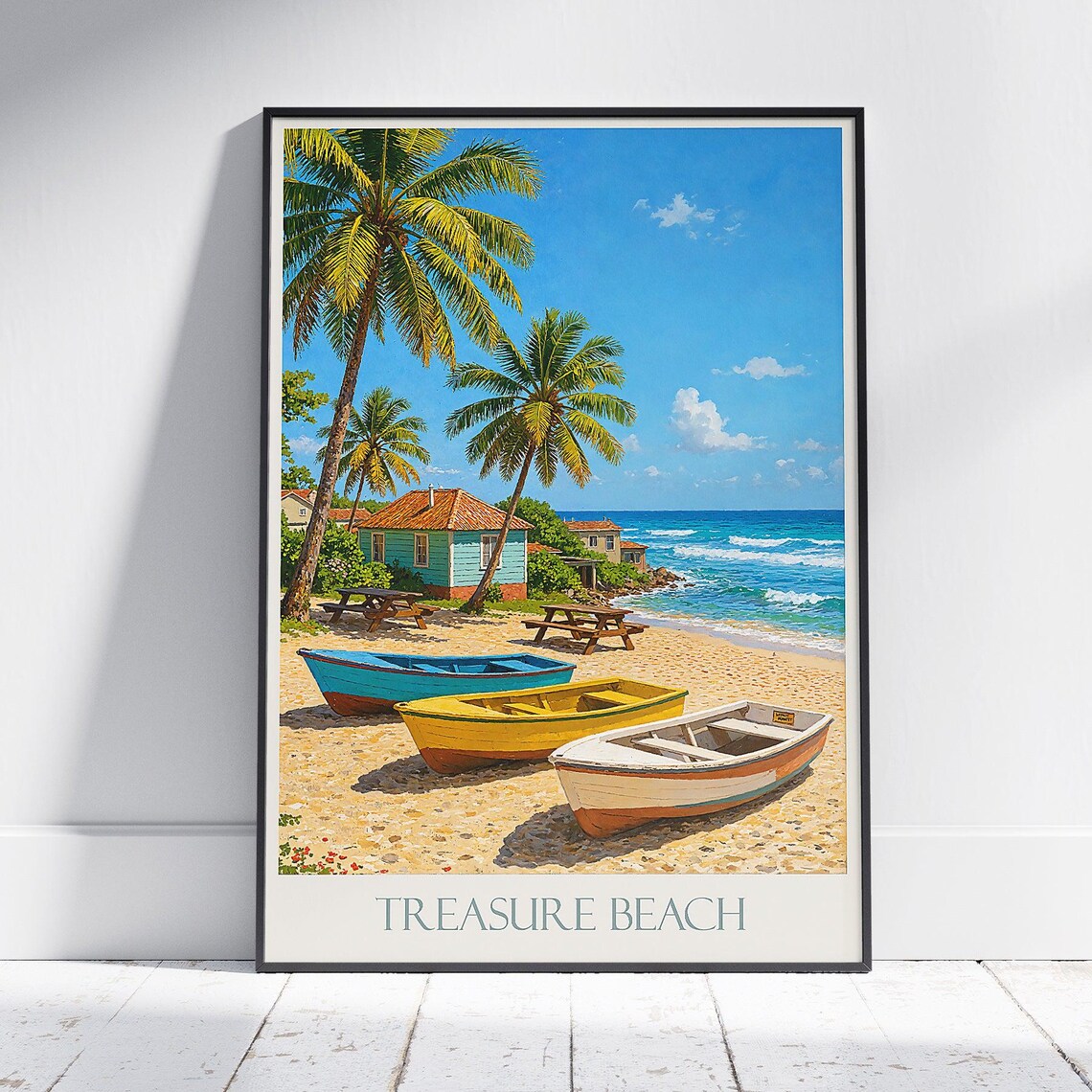 Treasure Beach Jamaica Fishing Boats Caribbean Shore Travel Poster