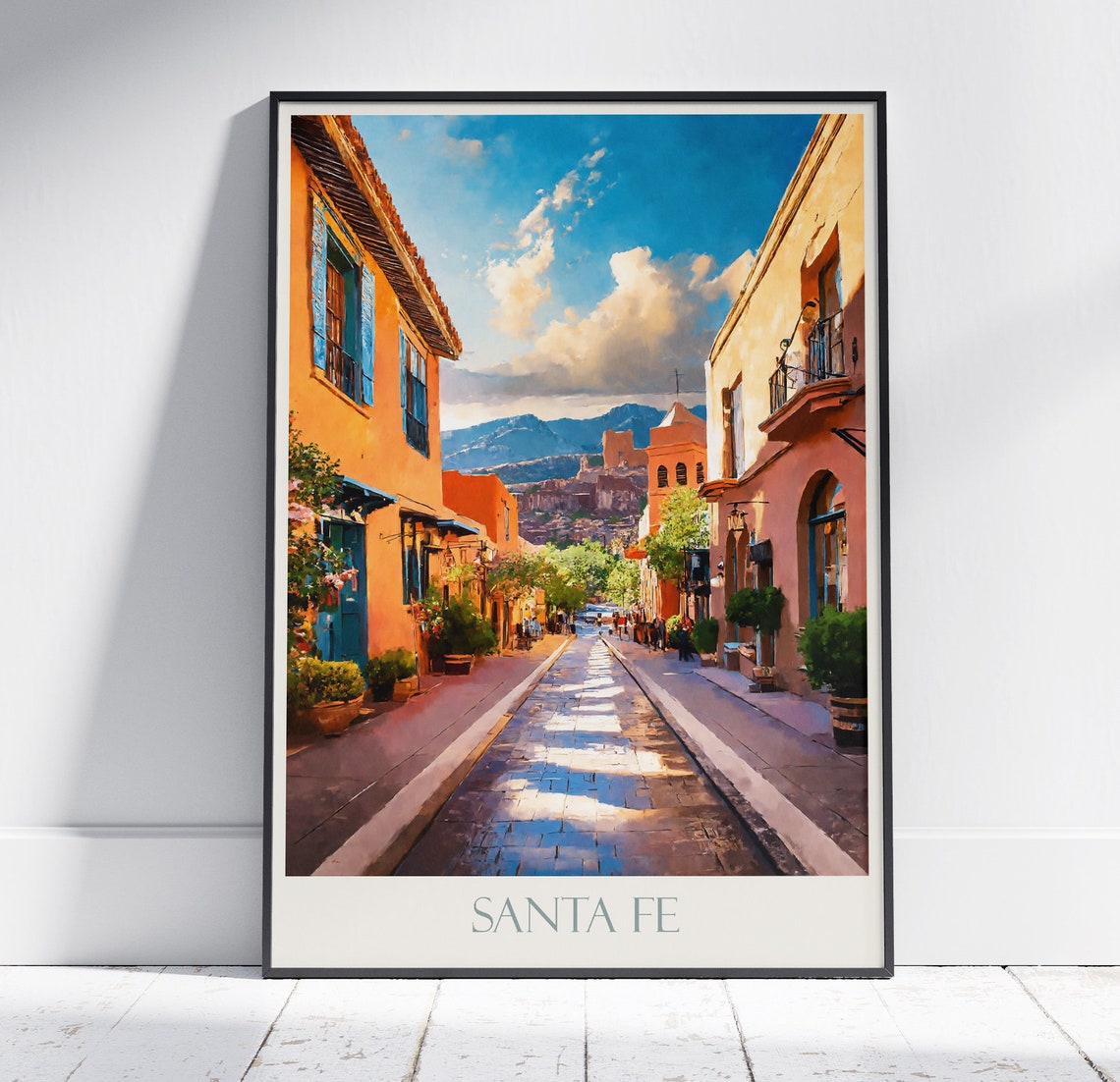 Santa Fe New Mexico Adobe Street Blue Doors Mountains Painted Poster