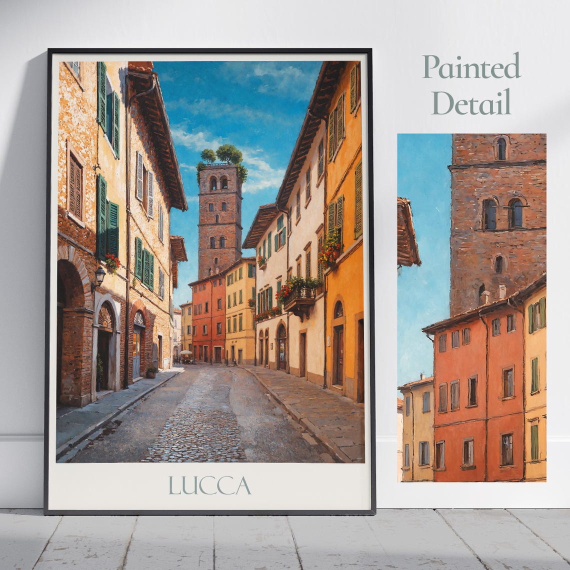 Lucca Italy Painted Cobblestone Street And Medieval Brick Tower Poster