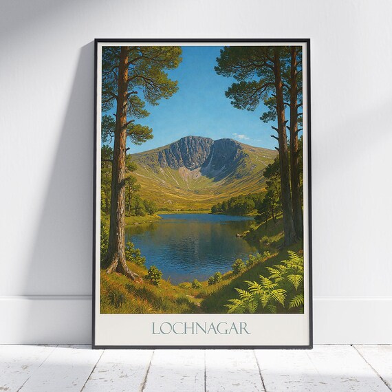 Lochnagar Scottish Highlands Lochside Pines Vintage Travel Poster