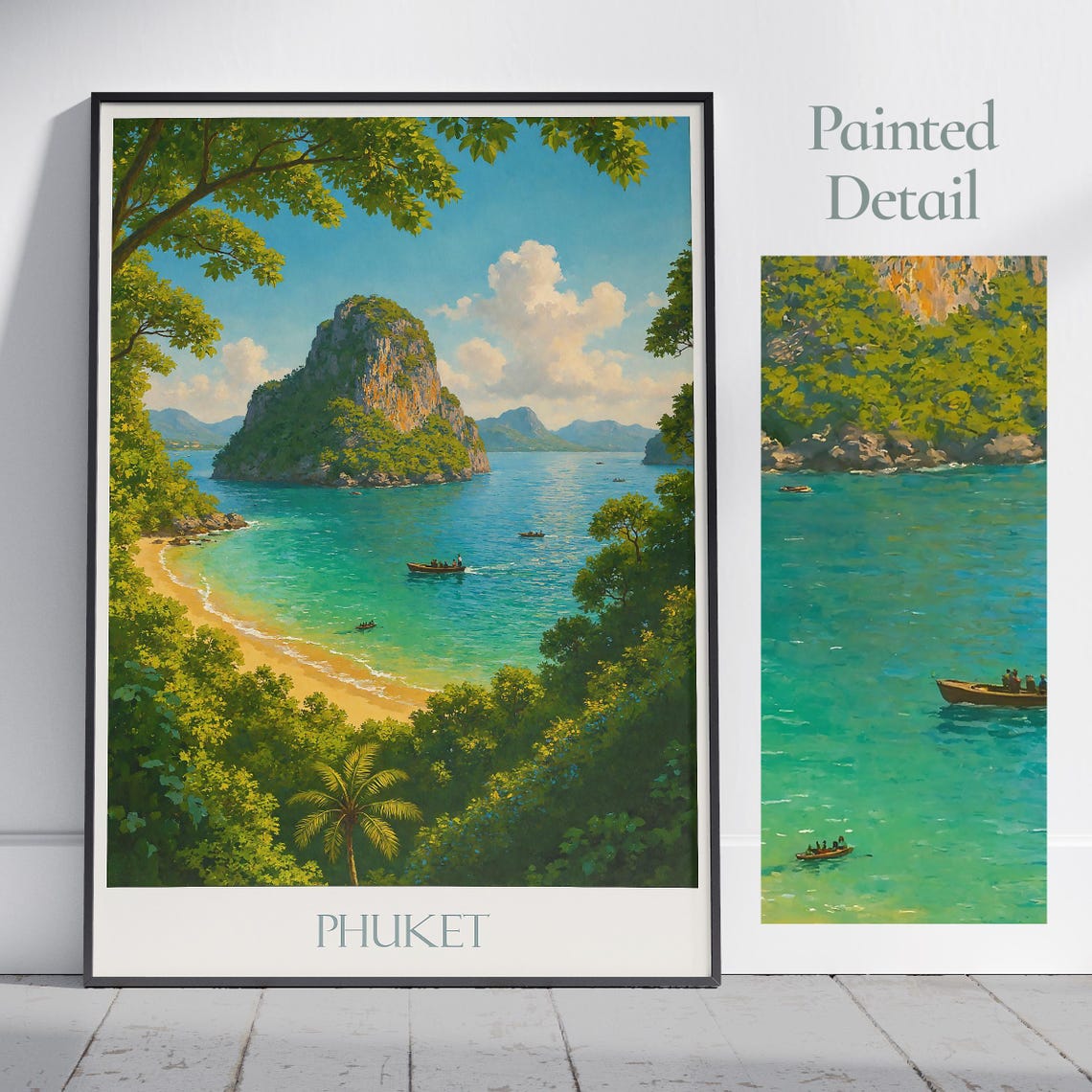 Phuket Thailand Turquoise Bay Boats Limestone Island Painted Poster