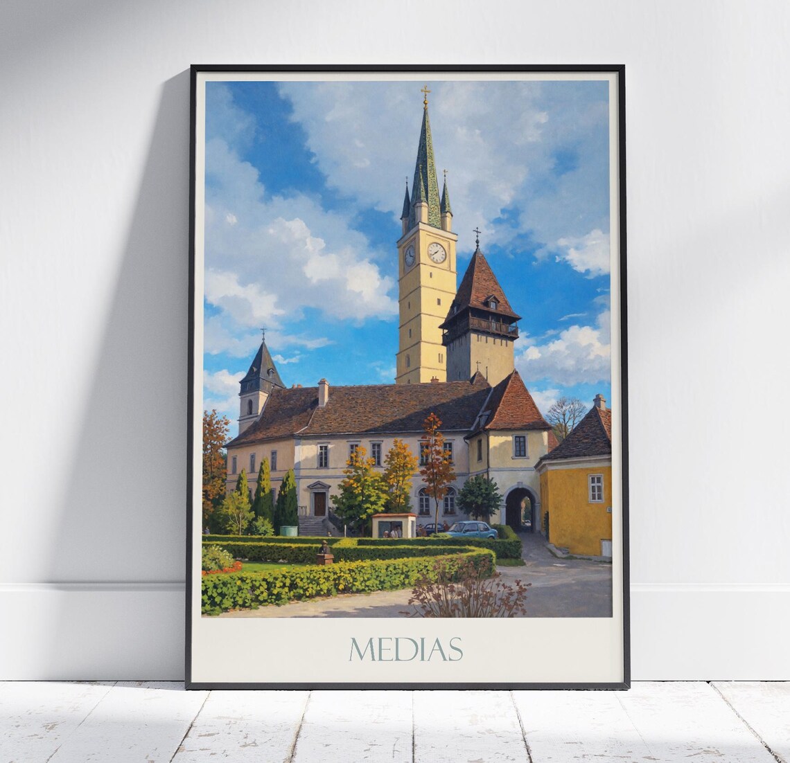Medias Romania Travel Poster Painted Church Spires Old Town Decor