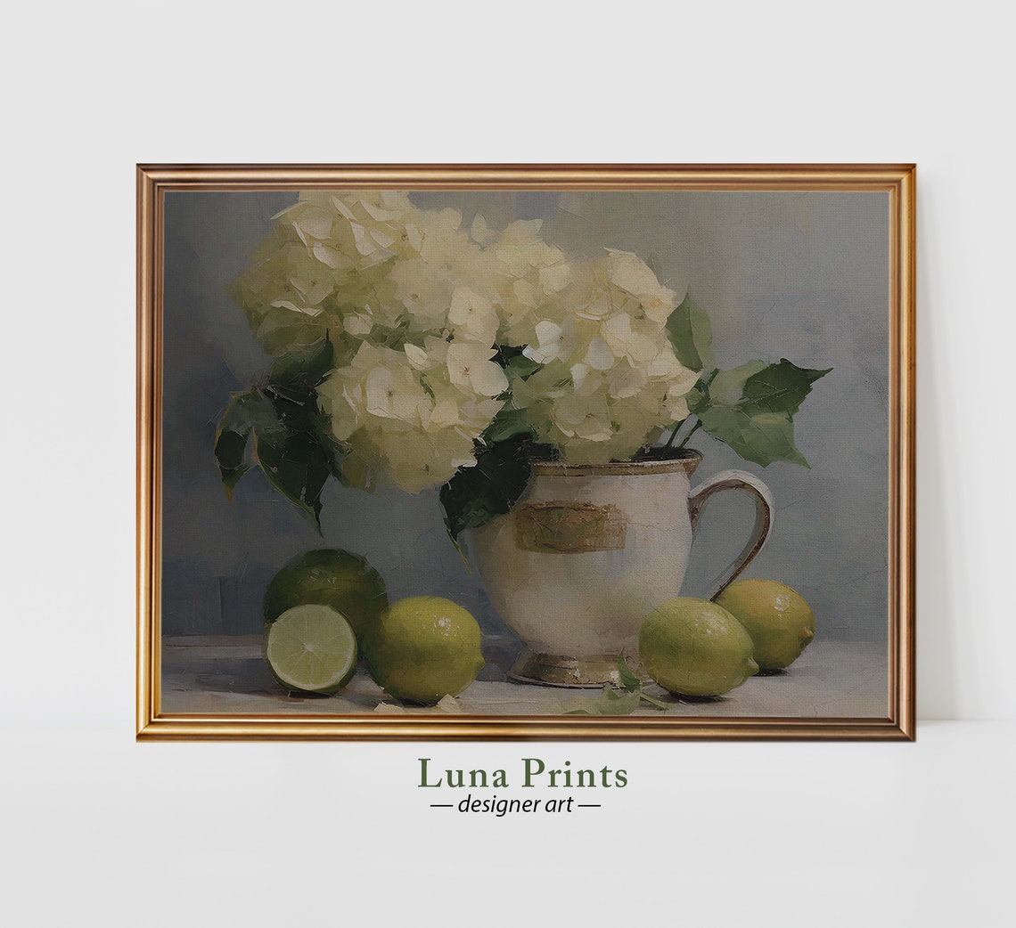 White Hydrangeas Lime Still Life Vintage Floral Painting Poster