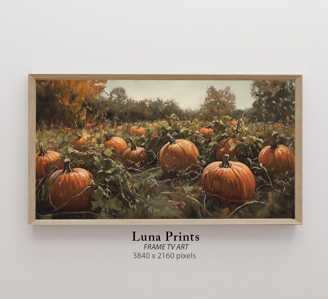 Orange Pumpkins in Autumn Field Fall Harvest Painting Wall Art
