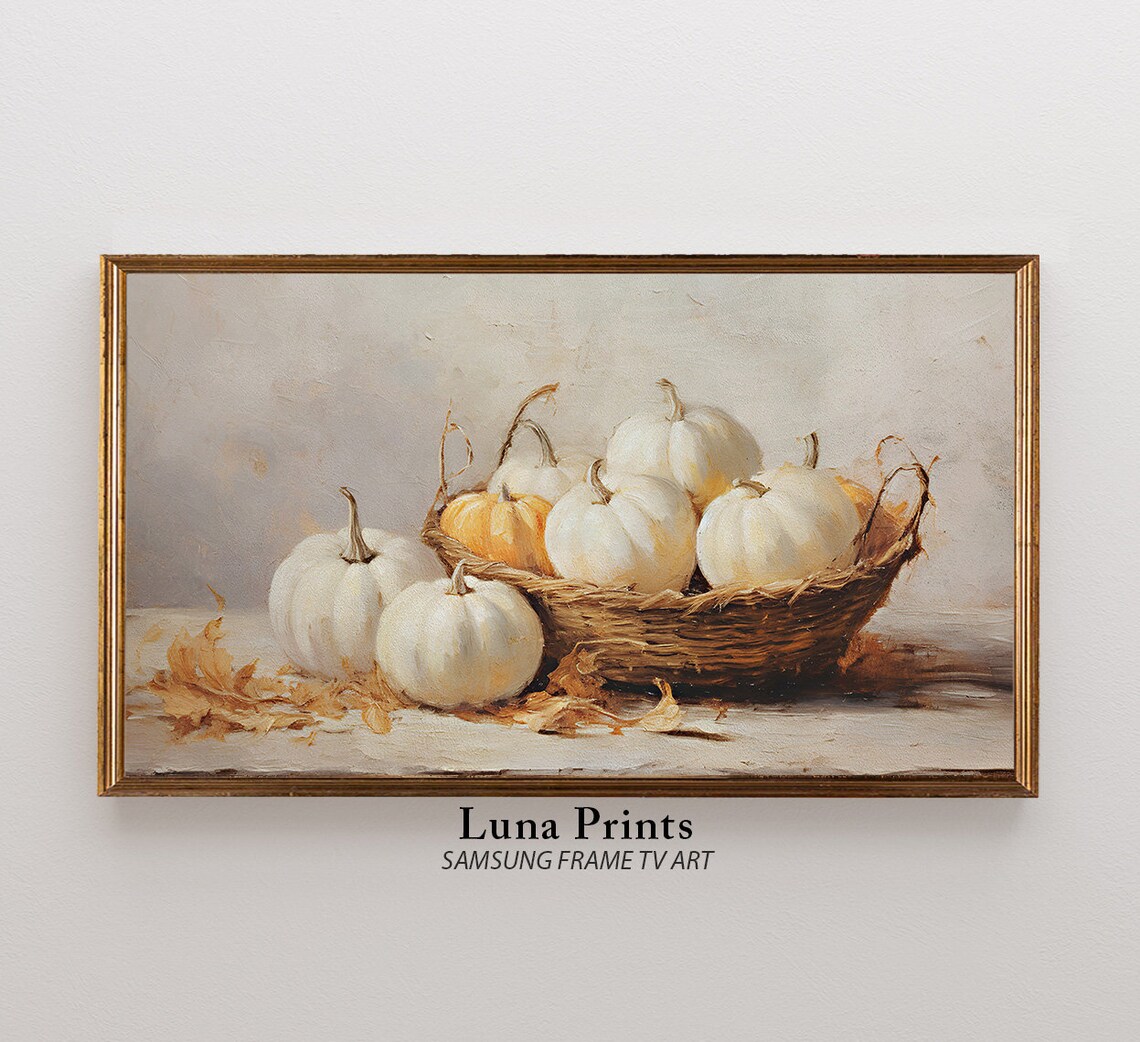 White Pumpkins in Woven Basket Autumn Harvest Still Life Painting Poster