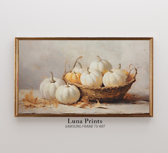 White Pumpkins in Woven Basket Autumn Harvest Still Life Painting Poster