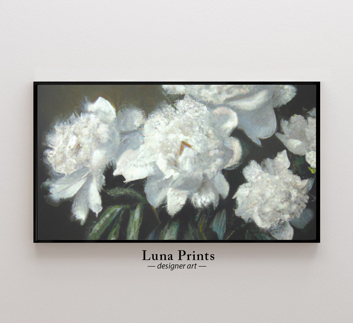 White Peonies Close Up Dark Background Dramatic Floral Painting Poster