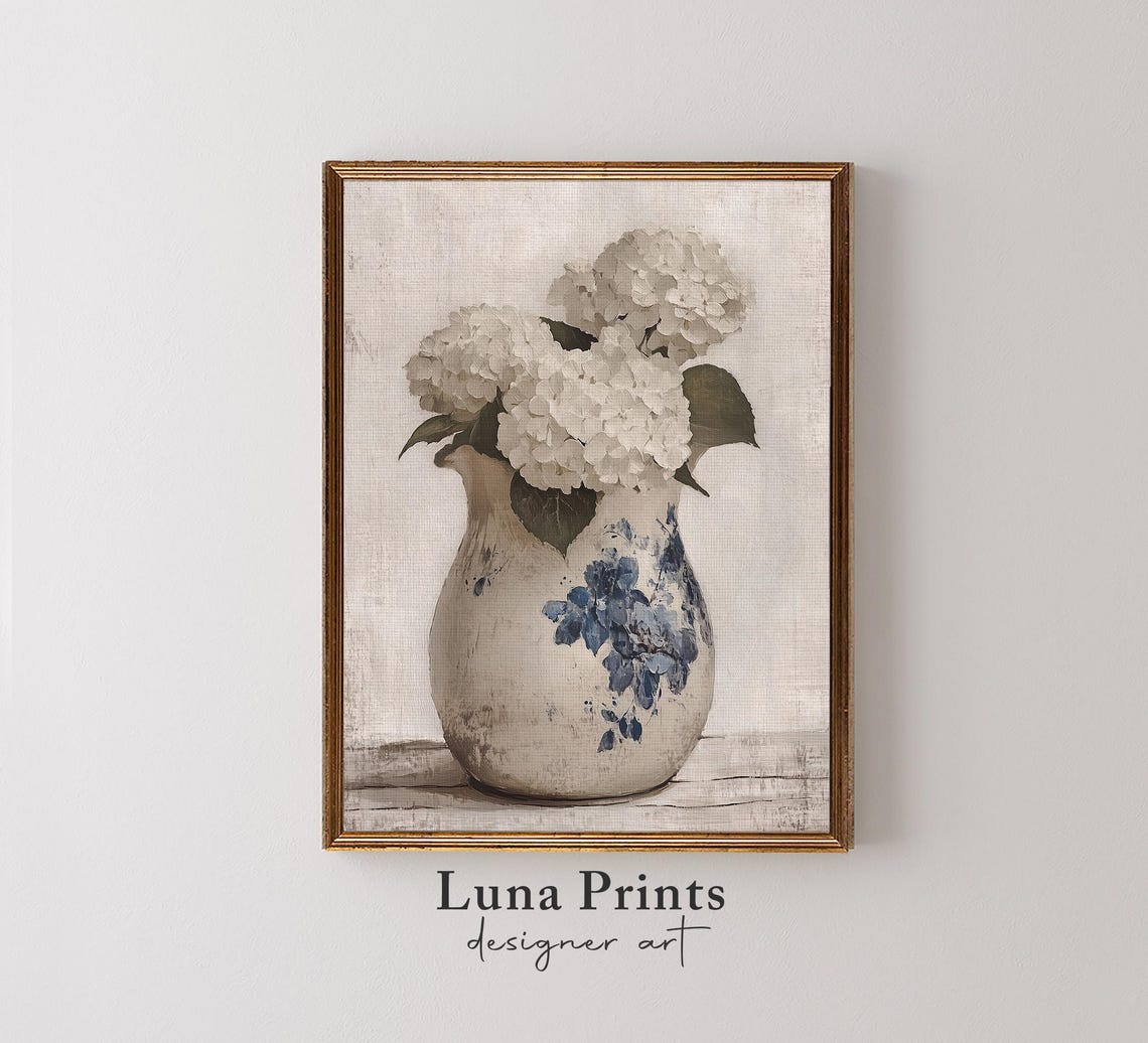 Blue and White Floral Painting Hydrangeas Art Print