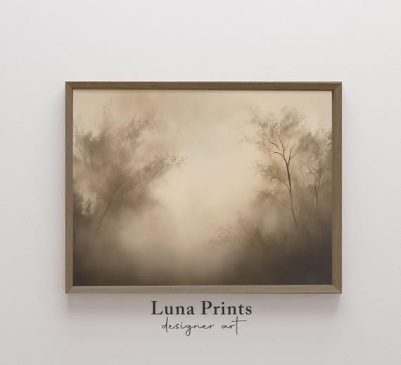 Muted Trees Landscape Painting, Neutral Abstract Art