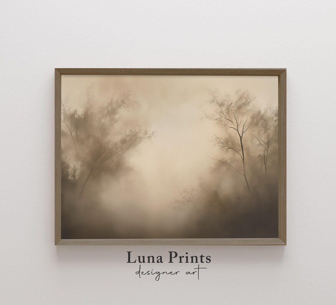 Muted Trees Landscape Painting, Neutral Abstract Art